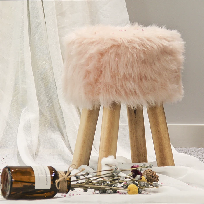 HStex 2020 Living Room Furniture Fake Fur Wood Round Sitting Stools with Wooden Legs Shape pink Ottoman