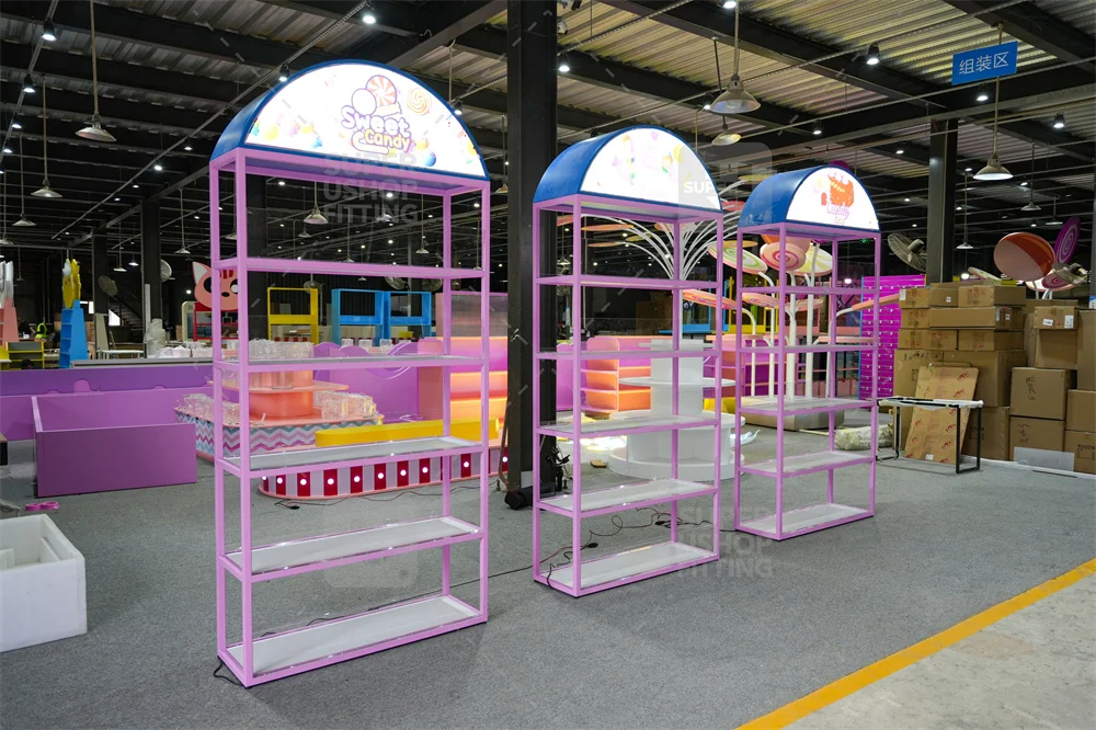 Candy Shop Decor Candy Retail Display Door Shape Lollipop Sugar Display Rack Led Light Colorful Candy Display Shelves