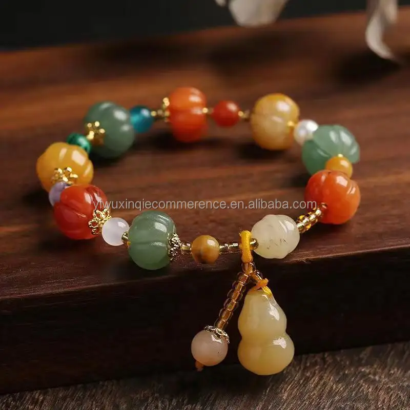 Women's Bracelet Natural Light Yellow Jade Pumpkin Bead Jade Bracelet Gourd Pendant