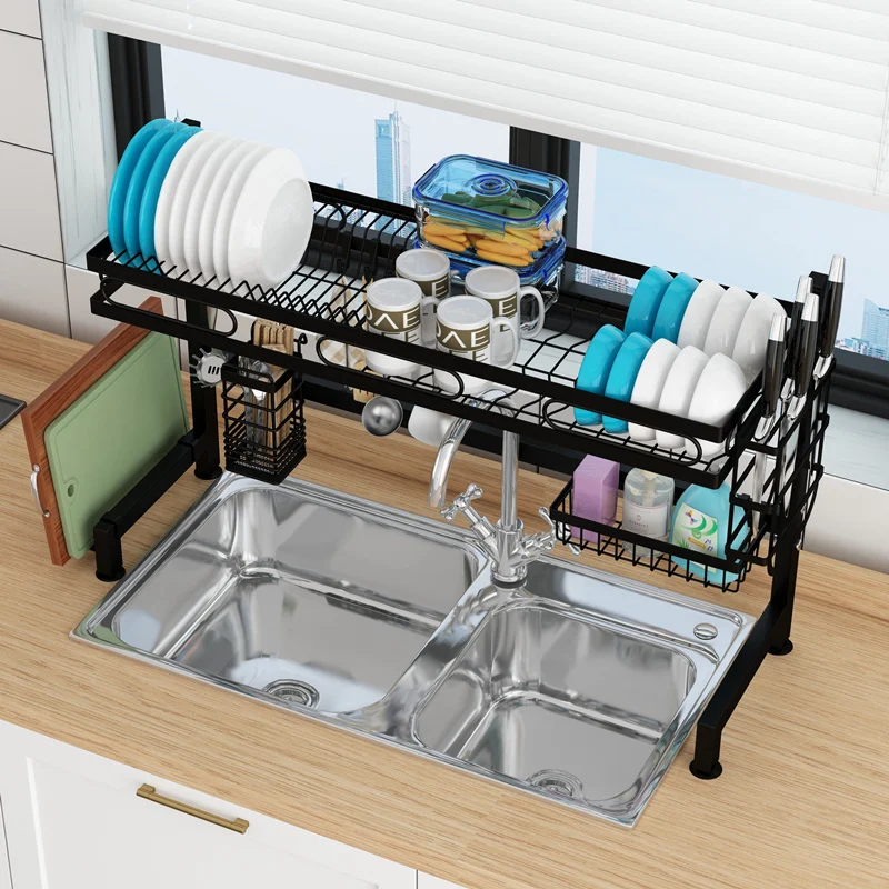 Over the Sink Dish Drying Rack Stainless Steel 2 Tier Dish Rack Above Kitchen Sink Shelf Durable Black Dish Drainer
