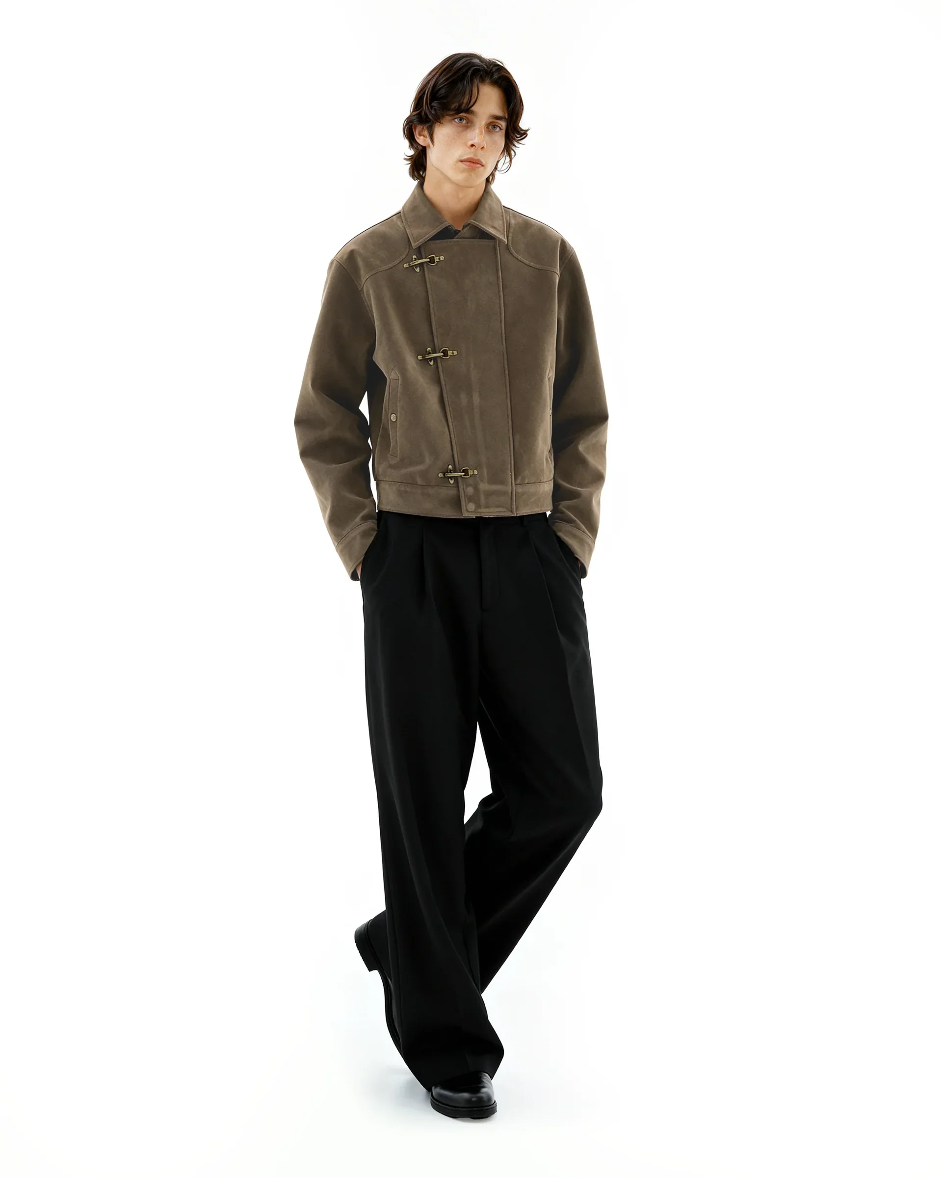 Salati Custom Asymmetric Fireman Buckle Mid Crop Suede Jacket gallery 4