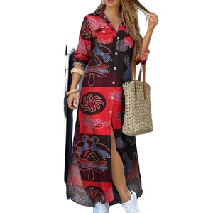 2026 New Fashion Long-Sleeved Shirt Skirt Long Dress Breathable Denim Stylish Casual Style Digital Printing for Summer Front