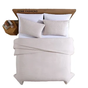 GRS Microfiber Coverlet Modern Stripe Embroidery Pattern Bedspread Set Recycle Quilt Set Ultra Soft Light Weight Luxurious