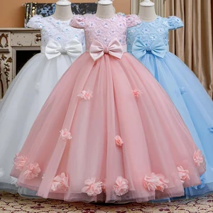 Girls Satin Piano Performance Dress for Children's O-Neck Solid Formal Party Dress Knee Length Mesh Layered Clothes for Kids