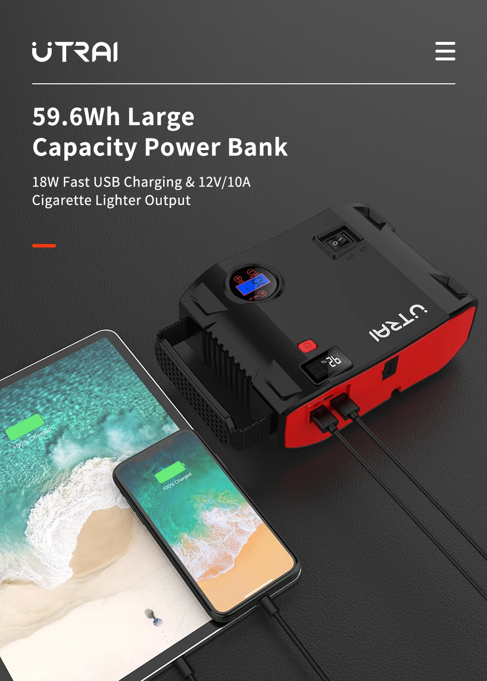 Utrai Portable Jump Starter With Air Compressor 2000a Power Bank Tire