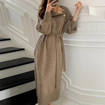 Japanese Korean autumn and winter new French temperament with coat and inner sweater long knee-length knitted dress for women