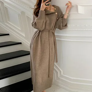 Wholesale Autumn Winter Women Long Sleeve Knit Dress With Belt Button French Style Elegant Solid Color Sweater Casual Long Dress