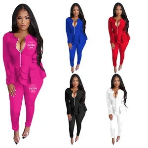 2026 New Arrival Women's Casual Solid Color Stiff Ruffle Long Sleeve Zipper Top Long Pants Set Clothing for Office Lady