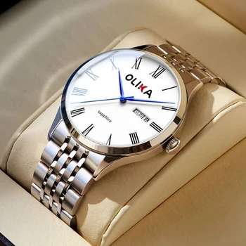 Olika Customizable Men's Quartz Watch Stainless Steel Business Wristwatch with Luminous Date Display Waterproof 22mm Alloy Case
