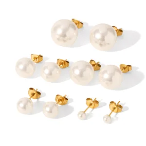 MW Trendy Earring 18k Gold Stainless Steel Dainty Earrings Single Big Natural Pearl Stud Earring  Fashion Jewelry Wholesale