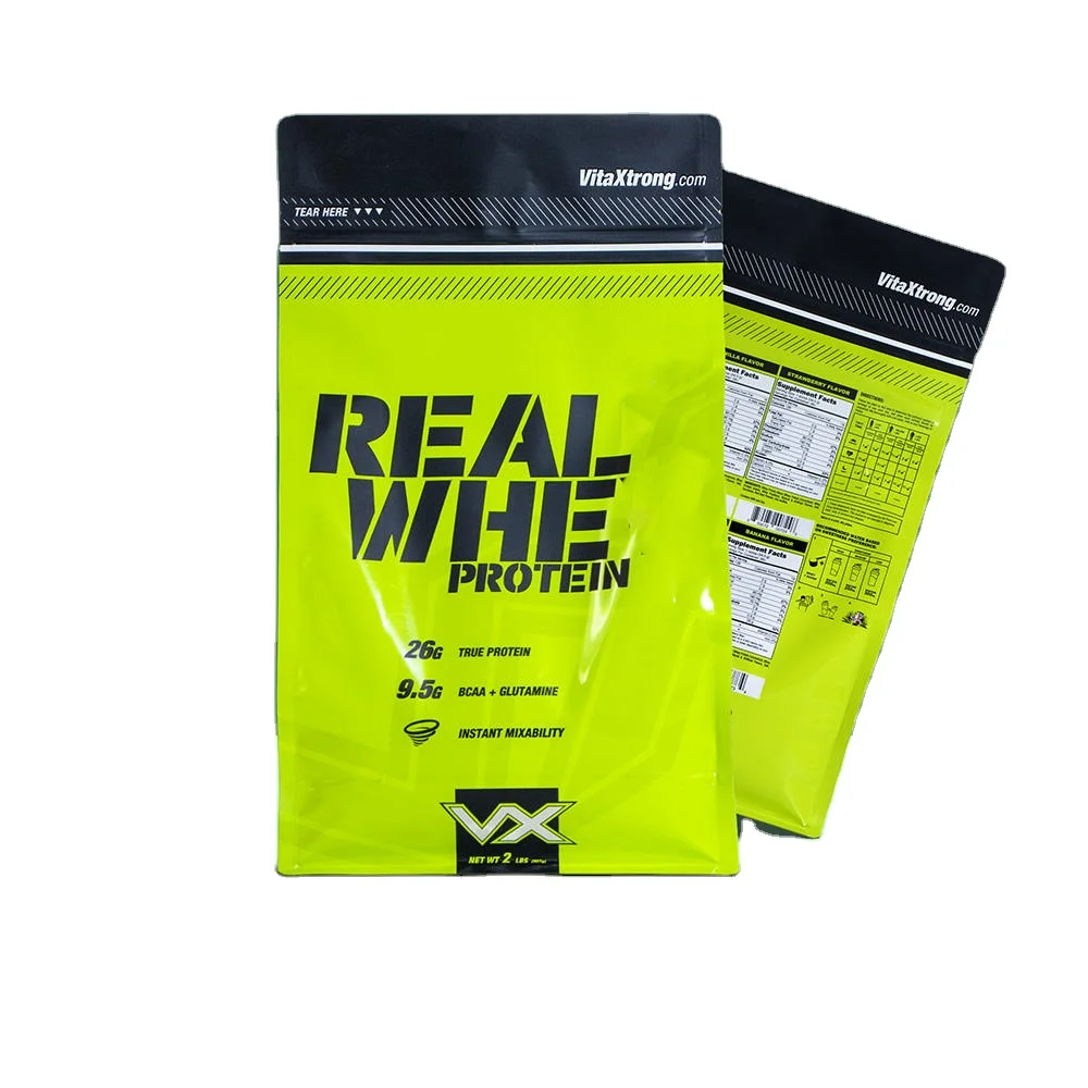 Customized Large Capacity Protein Resealable Zip Custom Logo Printing Reusable Metal Foil Flat Bottom Pouch