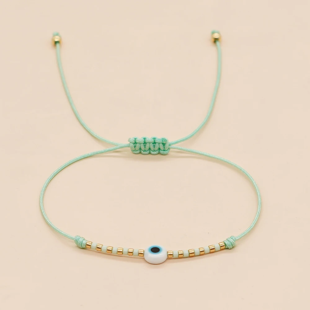 Go2boho Adjustable Rope Colorful Bead Evil Eye Bracelet Handmade 6mm White Round Glass Glass Eye Bead Bracelet