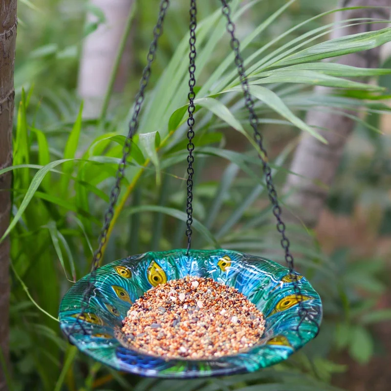 Bird Feeder Glass Hand Painting  Peacock Bird Feeder