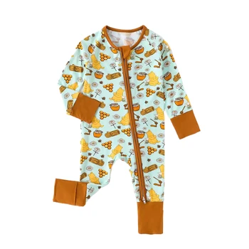 New Style Thin Baby Romper Breathable Cartoon Bear Honey Print Baby Long Sleeve Pants Zipper Baby Bodysuit