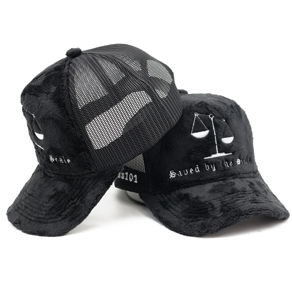 New Custom High Quality Trucker Hat Fuzzy Velvet Embroidery Logo Furry