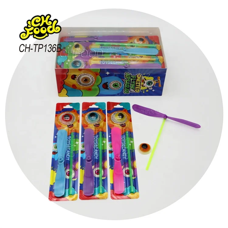 Low MOQ Wholesale Halal 3D Eyeball Gummy Candy with Plastic Bamboo Dragonfly Toy for Kids