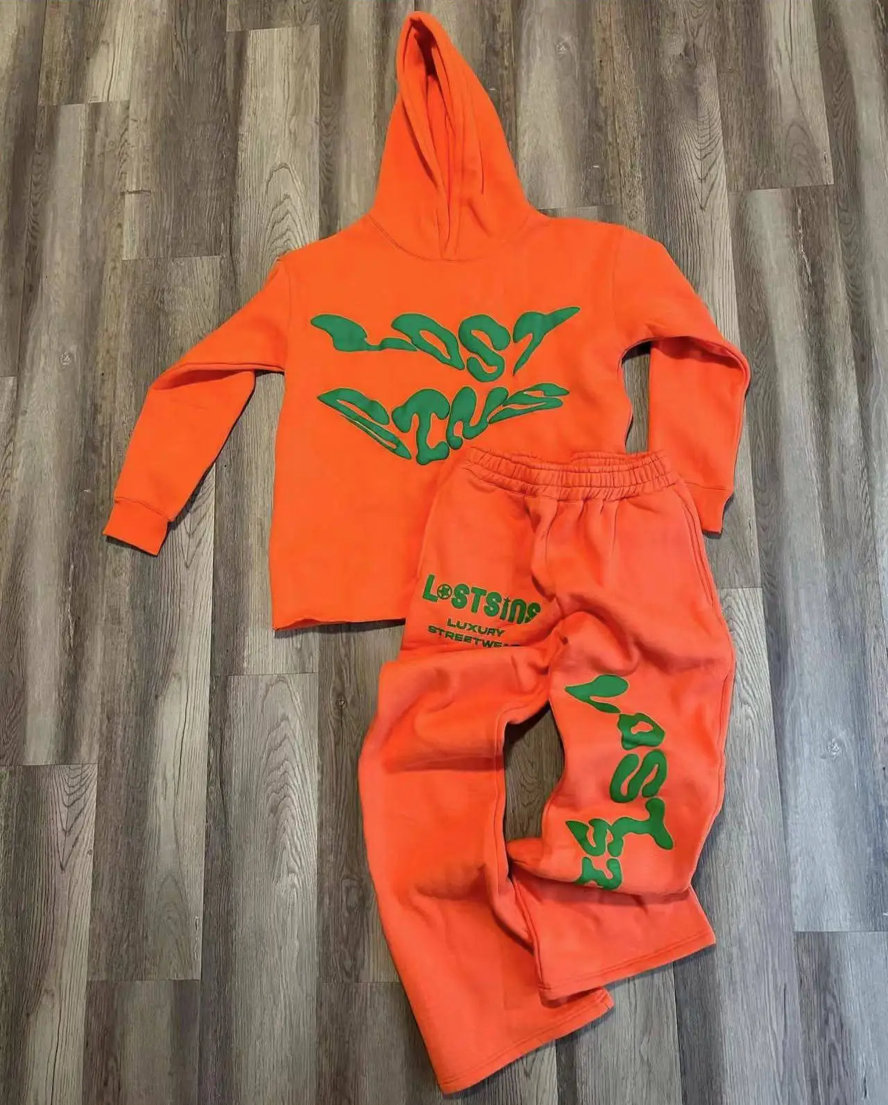 Raw Hem Hoodies and Flared Stacked Sweatpants Two Piece Tracksuit Set Custom Cotton 3D Puff Print Women Unisex Sweatsuit Men gallery 4