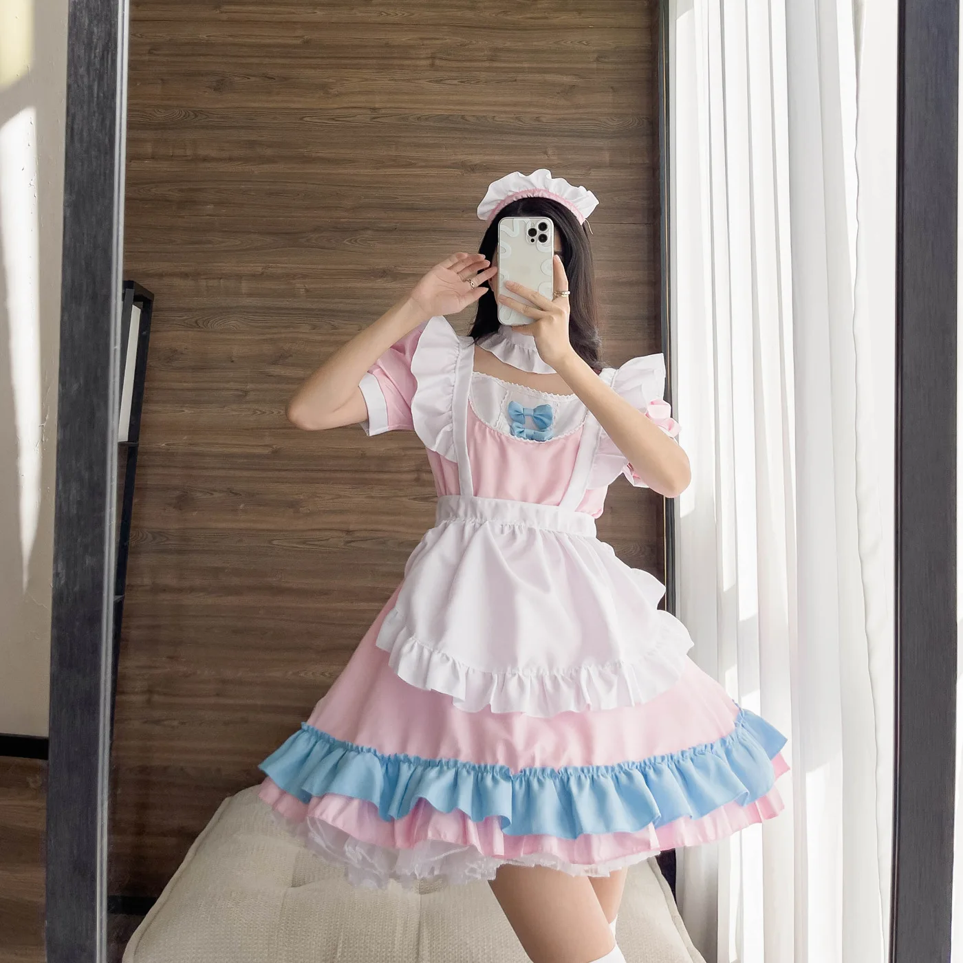 Lolita Cosplay Fantasias para Estudante, Pata do Gato Kawaii, Avental Rosa,  Roupas de Empregada, Ruffles de