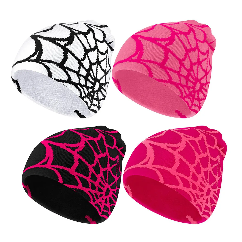 Y2K Beanies Spider Web Pattern Beanie Gothic Acrylic Knitted Hat Casual Streetwear Outdoor Cuffless  Beanies for Men