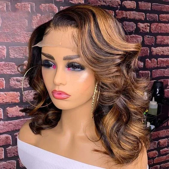 Ombre 4/27 Highlight Body Wave Bob Wig Lace Front Human Hair Wig_voghion.com