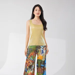 Summer Fashion Ladies Vest Top Elegant T-Shirt Pleated Design Stretch Solid Color Vintage Woman Western Style