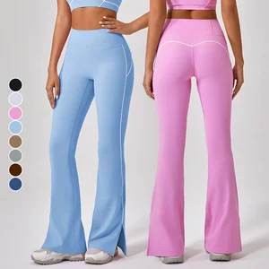 Women's High-Waisted Flared Yoga Pants for Summer Nude Hip-Lifting Solid Spandex/Nylon Dance Fitness Outdoor Sports Slit Pants