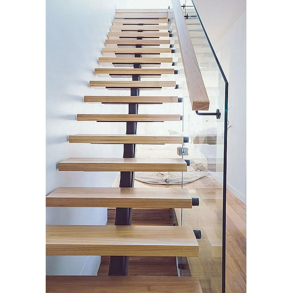 VIKO Modern Mild Steel Mono Stringer Stairs Solid Wood Tread Staircase