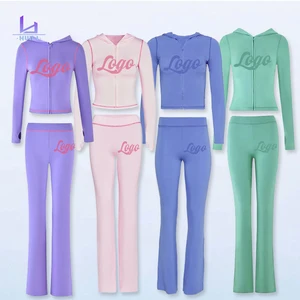 Huili Oem Soft Breathable Zip up Hooded Ctop Top & Pants Slim Fit Sports Activewear Custom logo Two Piece Loungewear  Women Sets
