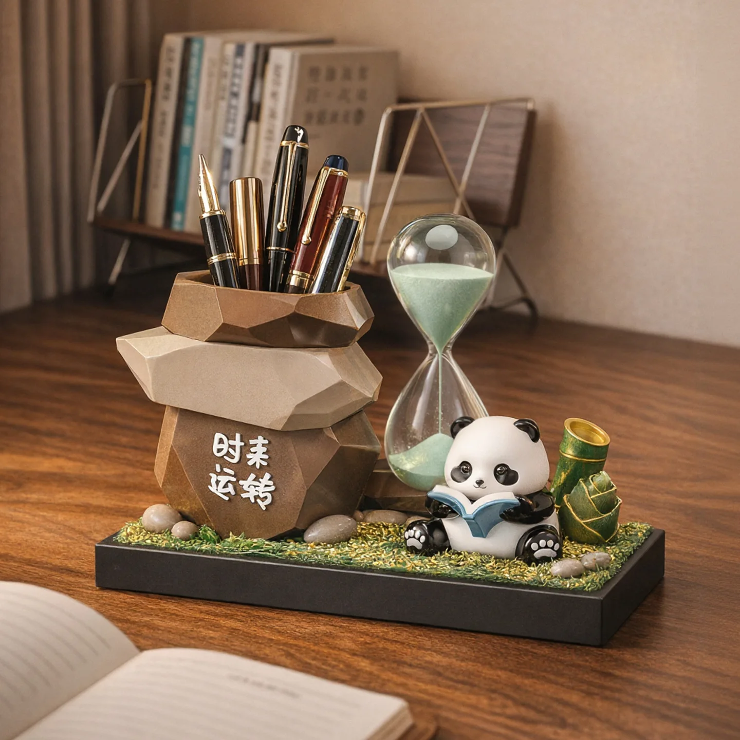 Panda Shaped Pen Holder with Hourglass Timer Cute Cartoon Style Home Office Desk Organizer Creative Decorative Storage Display