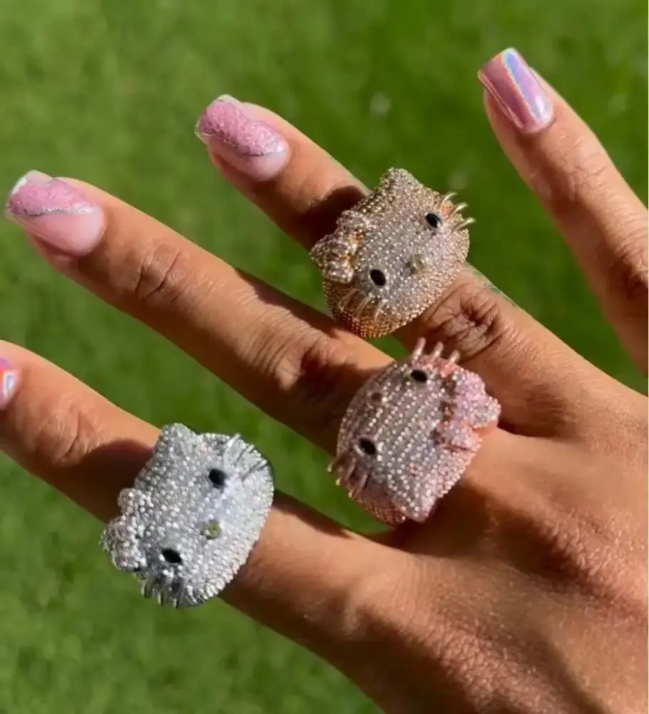 Sanrio Cartoon HK Cat Rings with Cat Face Ring Women 18K Gold Plated Iced  Out 5A CZ Y2K Cute Jewelry Girls Ring