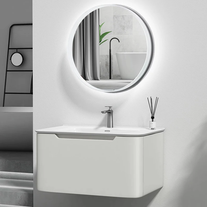 Vanity de salle de bain suspendu au mur avec bassin flottant laqué blanc et miroir intelligent