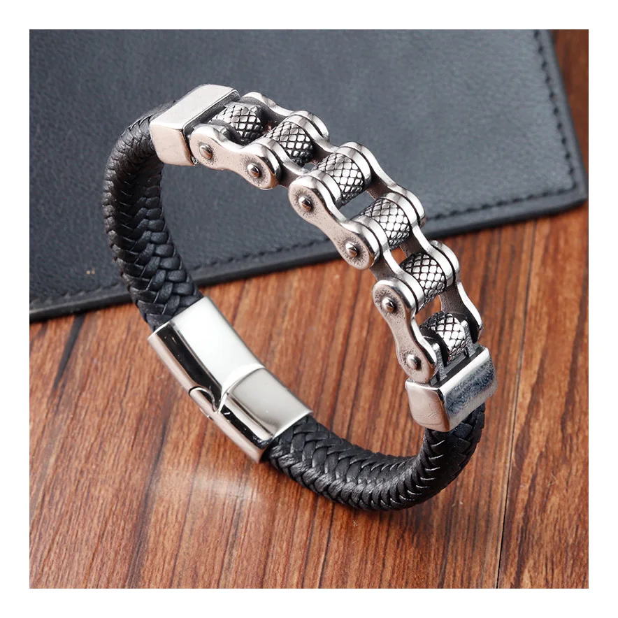 Stainless Steel Bike Chain Charm Bracelet Handmade Woven Braided Rope  Magnetic Genuine Leather Bracelets for Men Jewelry OT-261
