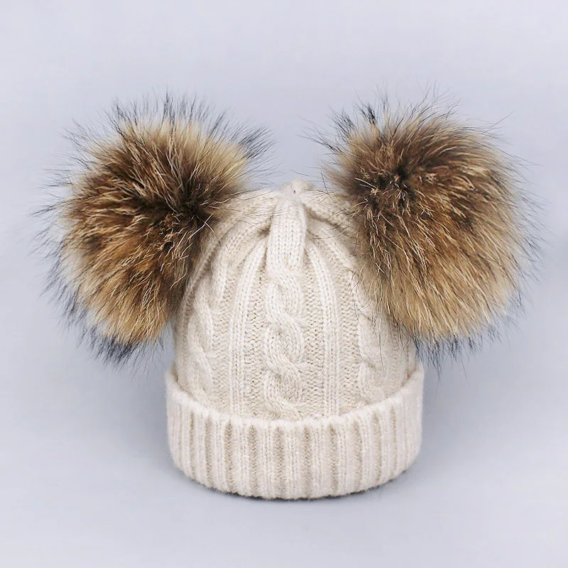 URSFUR Real Raccoon Fur Pom Pom Beanie - Wool Blend, Slouchy Knit, Unisex Winter Hat (Beige)