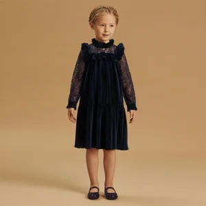 New Girls Winter Velvet O-Neck Long Sleeve Lace Breathable Eco-Friendly Knee-Length Layered Dress