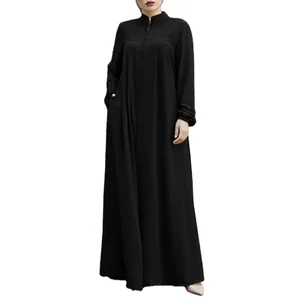 Middle East Women's Fashion Muslim Plus Size Robe Zipper Slip Pocket Collar Casual Dress