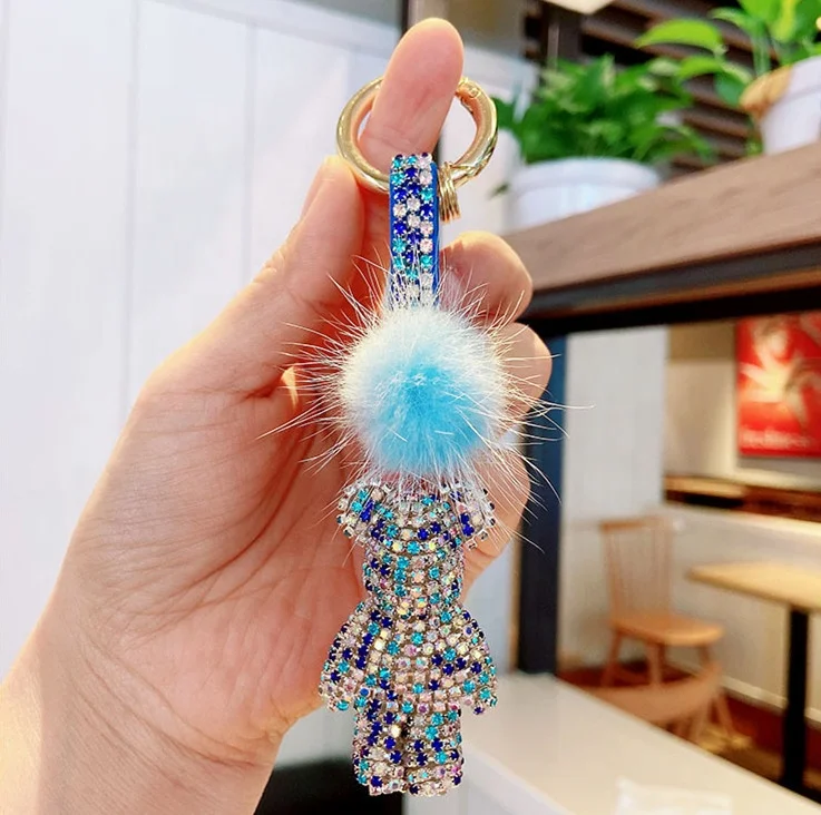 2022 New Diamond Violent Bear Keychain Bling Crystal Pompom Keyring Bling  Bling Bear Keychain for Lady (KC048C)