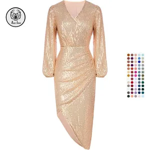Sequined Bodycon Dress Women Elegant V-Neck Long Sleeve Irregular Hem Midi Dress for UK US DE Wedding Guest Cocktail  Party