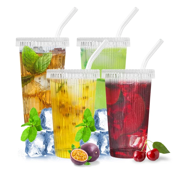 Multi-functional hot and cold dual-purpose vertical stripe transparent glass tumbler with glass lid straw four 1 boxed suit