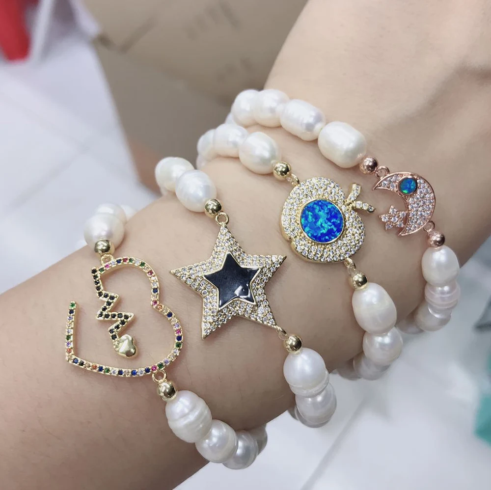 新款时尚淡水珍珠魅力微型锆石彩虹链弹力手链