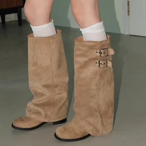 Wholesale High Quality Belt Buckle Pants Boots Women's Winter New Style Coarse Heel High Barrel Boots Square Head Boots