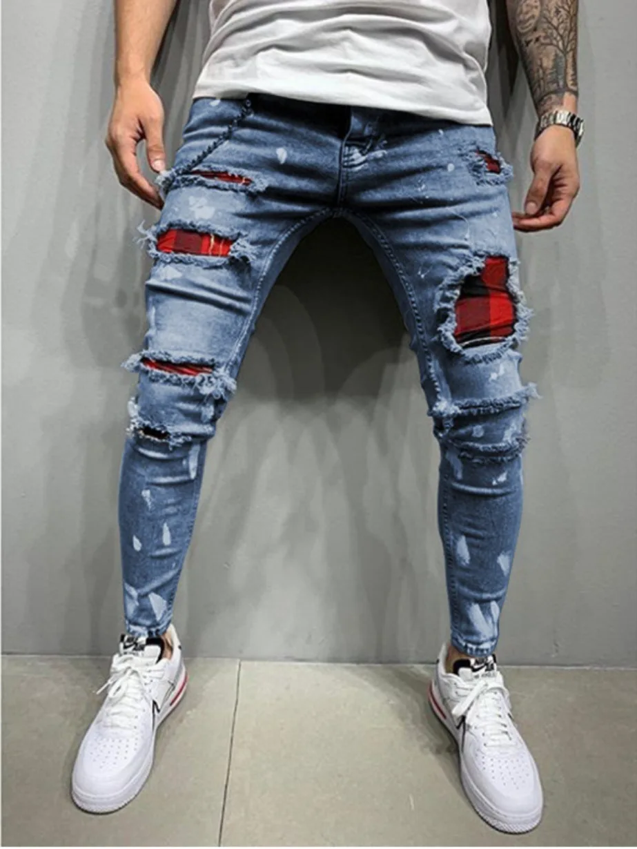Dropshipping Fall Wholesale 30-36 Skinny Denim Ripped Distressed Jeans  Denim Pants High Street Jeans for Men Stylish