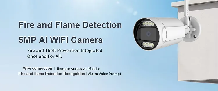 5MP Outdoor Waterproof Vandalproof Fire Flame Detection Recognition WiFi IP AI Camera with APP for Warehouse Shop Fire Safety