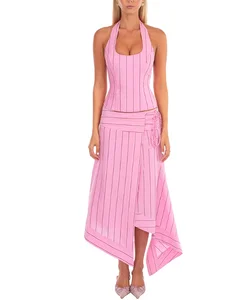 Backless Hanging Neck Strap  Vest Long Skirt Two Piece Set Skirt and Top
