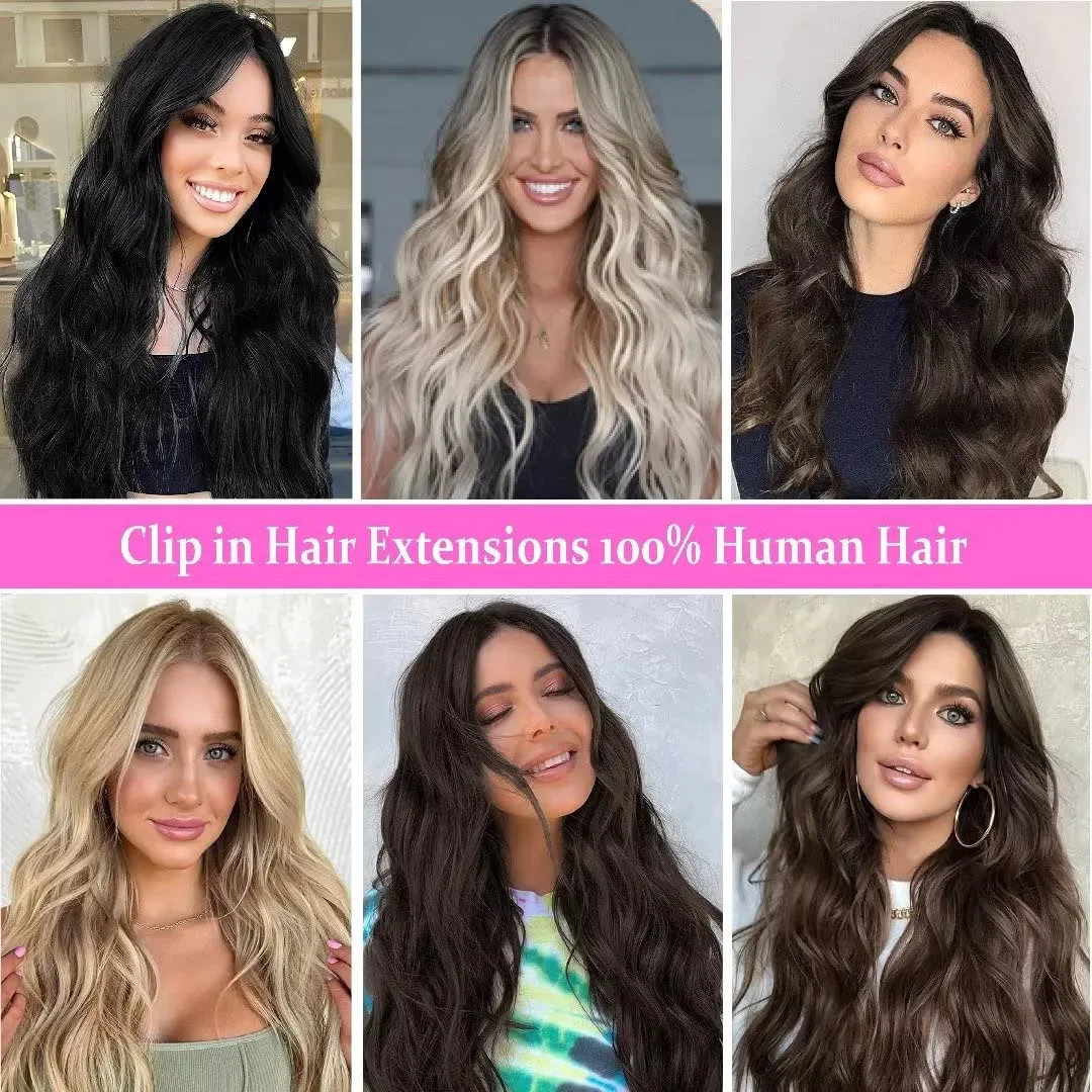 Clip in Hair Extensions Human Hair Brazilian Virgin Natural Straight Seamless Clip ons 1B_voghion.com
