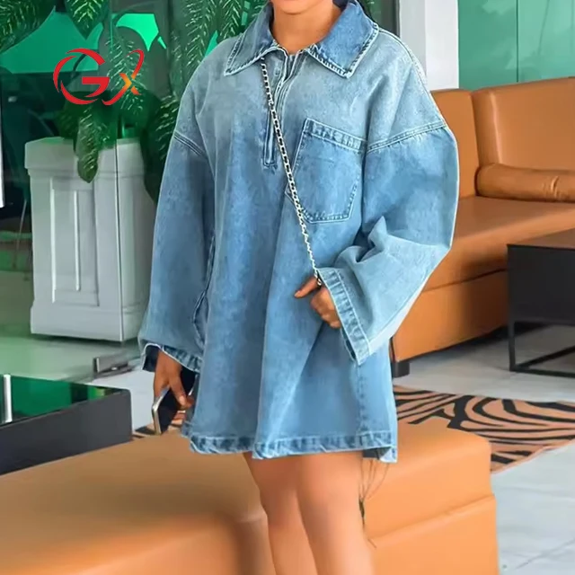 GX7282 Fashion 2024 Spring Boutique Clothing Women Jeans Dresses Long  Sleeve Pocket Design Loose Denim Dress
