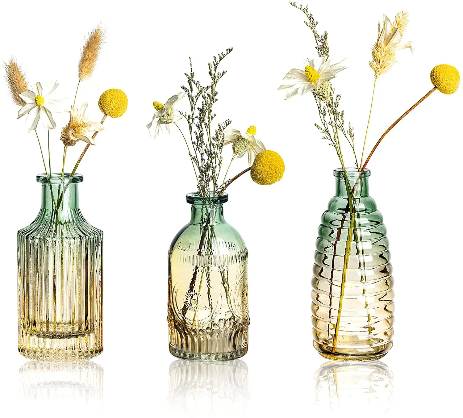 Colored Glass Bud Vase Set of 3 Vintage Embossed Small Flower Vase for Home Farmhouse Dining Table Party Decor