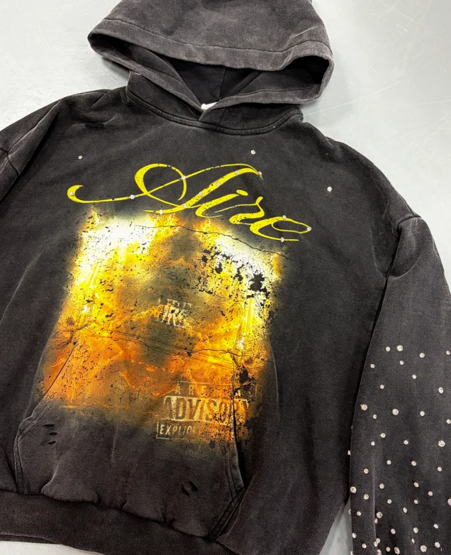 SALATI High Quality Custom Winter French Terry Digital Printing Sleeve Rhinestones Oversized Cropped Pullover Black Hoodie gallery 4