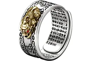 PiXiU Mantra Protection Wealth Ring Adjustable Retro Thai Silver Golden Toad Heart Sutra Ring Punk Feng Shui Rings for Women Men