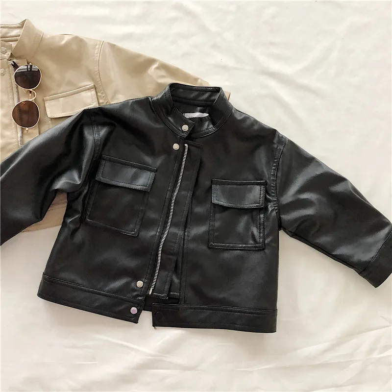 Q30727 Toddler Girls 2 - 9 Years unisex Pocket Cropped Fox Leather Jacket outwear kids PU coat Shirt Crop