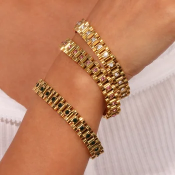 Tarnish Free Jewelry Zircon 18k Gold Plated Watchband Chain Bracelet For Women Water Proof Stainless Steel Jewelry